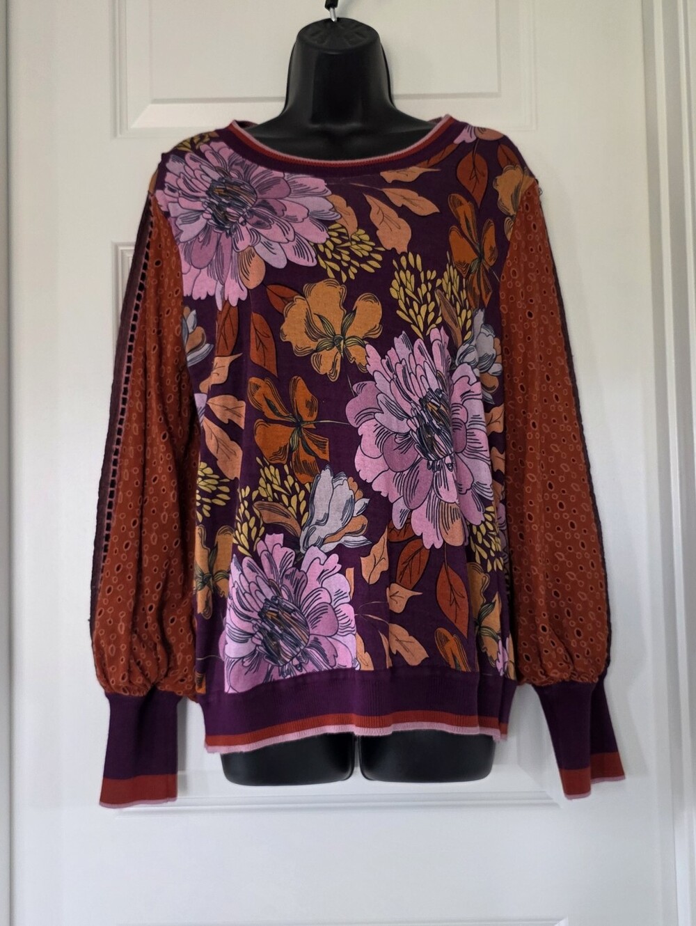 Anthropologie Blink London Floral Crewneck Sweater in Plum, Pink & Rust